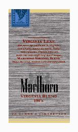MARLBORO VIRGINIA BLEND 100'S VIRGINIA LEAF.  400 YEARS AGO PERFECTED IN VIRGINIA - NOW GROWN AROUND THE WORLD.  TODAY, HAND SELECTED VIRGINIA TOBACCOS MAKE OUR ONLY SINGLE LEAF BLEND UNIQUE.  MARLBORO VIRGINIA BLEND.  ENJOY THE CRISP, MELLOW TASTE AND EASY FINISH.    FINE TOBACCOS 20 CLASS A CIGARETTES